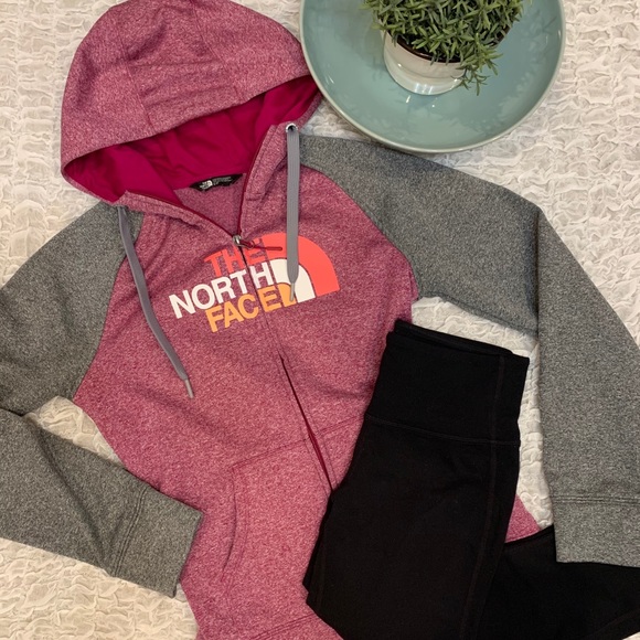 North Face Logo Hoodie Zip Jacket Sweatshirt Athletic Athleisure Top Gray Pink - Picture 8 of 8